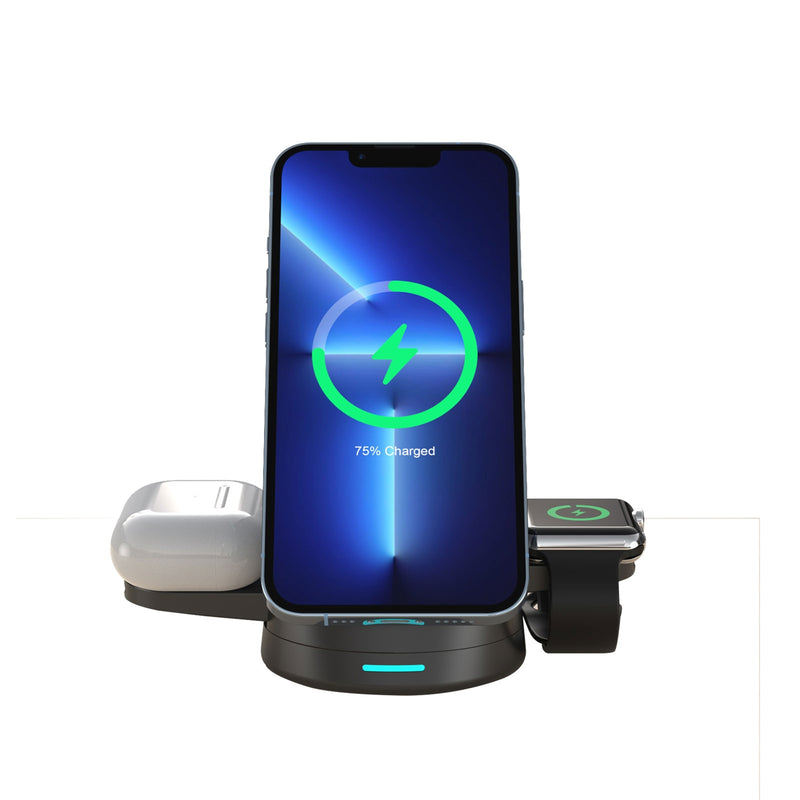 Prevo 3-in-1 15W Magnetic Wireless Charging Station for Smartphones, Smartwatches & Wireless Earbuds