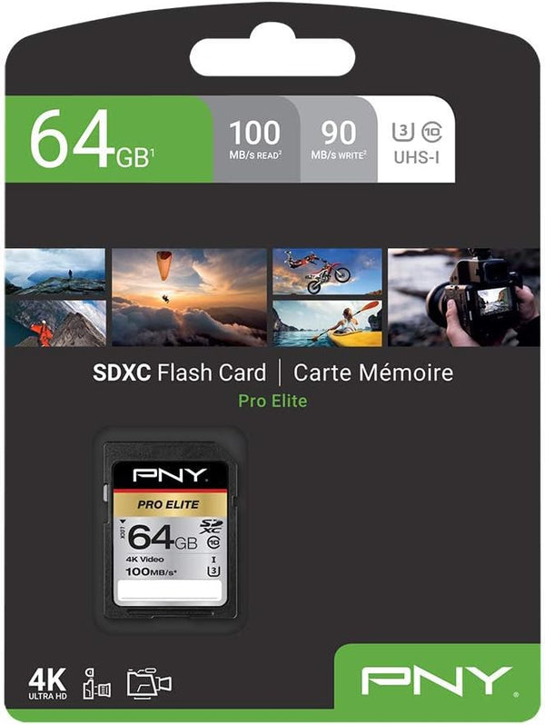 PNY Pro Elite 64GB SDXC Card, U3, 4K, 100MB/s