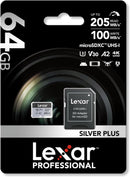 Lexar Professional 64GB Silver Plus MicroSDXC, U3, V30, A1, 100MB/s