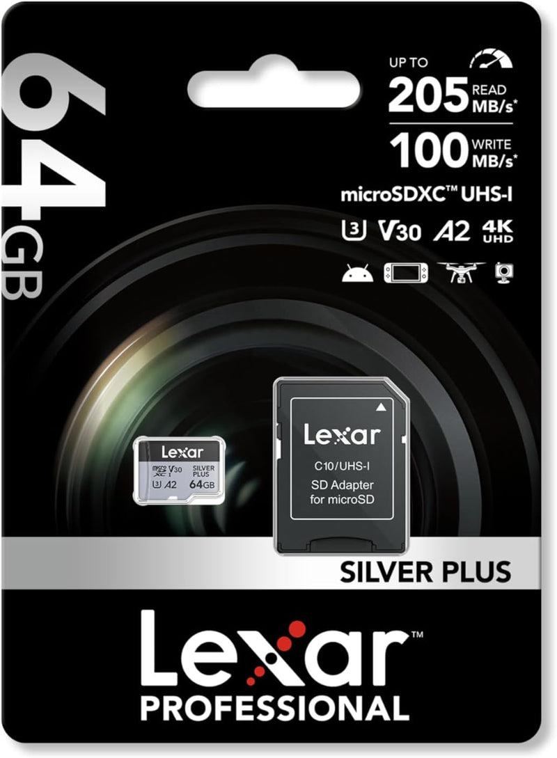 Lexar Professional 64GB Silver Plus MicroSDXC, U3, V30, A1, 100MB/s