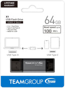 Teamgroup 64GB X1 USB3.2 Gen 1 Dual Flash drive, TypeA and Type C