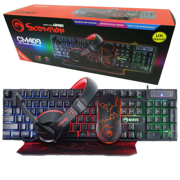 Marvo Scorpion CM409 4-in-1 Gaming Bundle, Wired Keyboard, Mouse, Headset and Mouse Pad