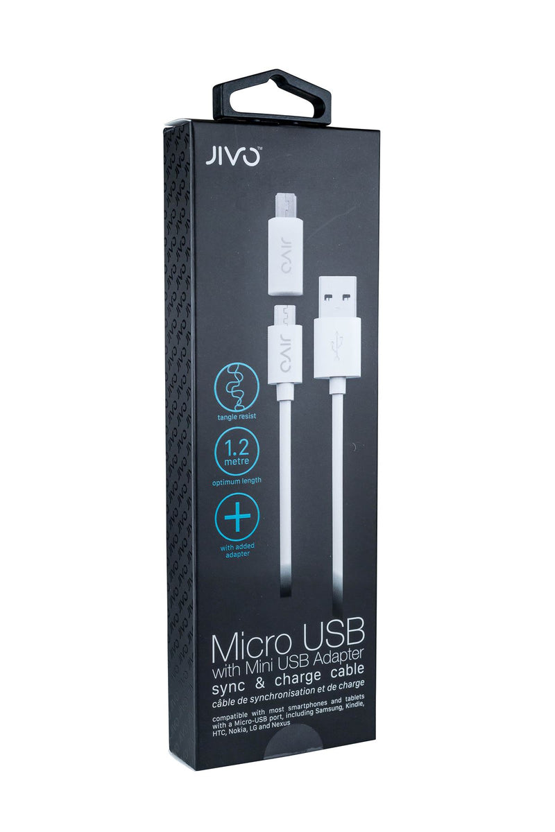 Jivo Micro USB sync & Charge cable with mini USB adapter, 1m. White
