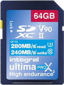 Integral 64GB ULTIMAPRO X2 SDXC Card, High Endurance, 280/240MB,UHS-II, V90