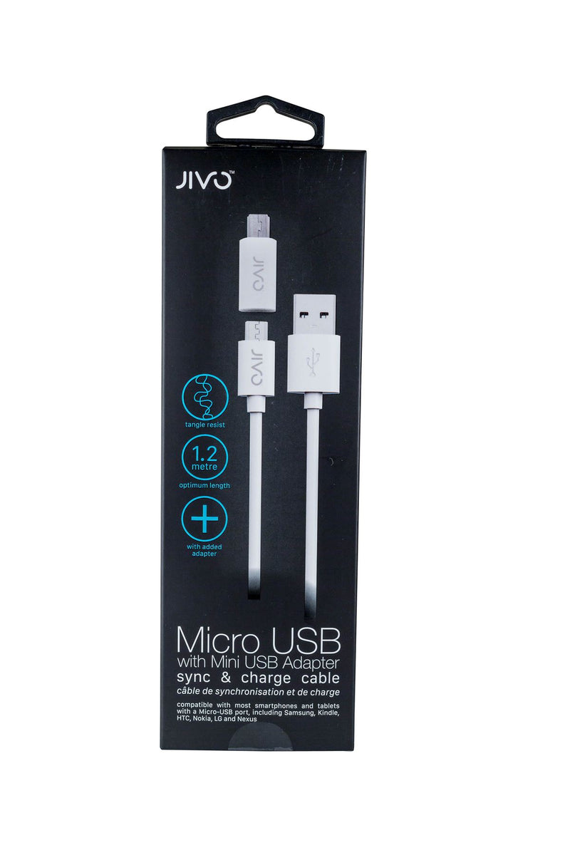 Jivo Micro USB sync & Charge cable with mini USB adapter, 1m. White