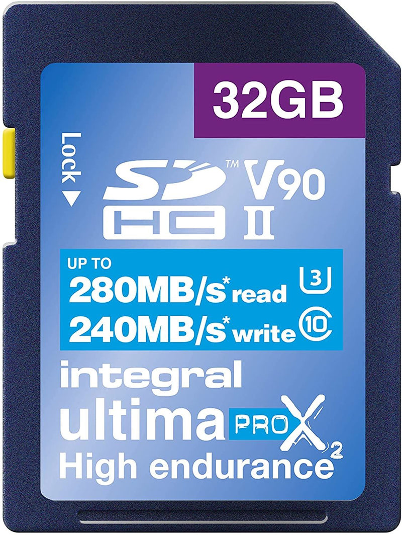 Integral 32GB ULTIMAPRO X2 SDHC Card, High Endurance, 280/240MB,UHS-II, V90